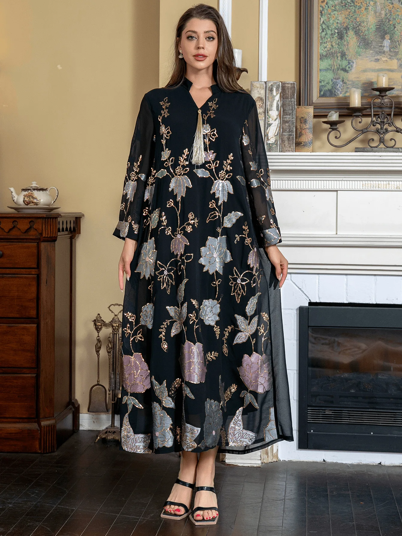 

Мусульманское платье с вышивкой пайетками и бахромой, вечернее платье для вечеринок в Дубае, арабское этническое скромное макси-платье, струящийся кафтан-абайя для женщин