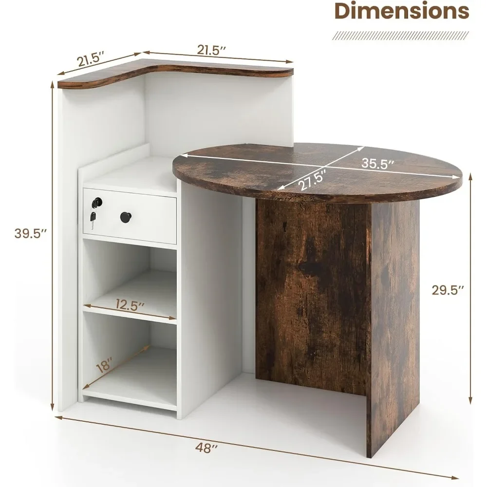 Front Counter Desk with Lockable Drawer, Checkout Table with Round Tabletop, Corner Shelf & Adjustable Shelf