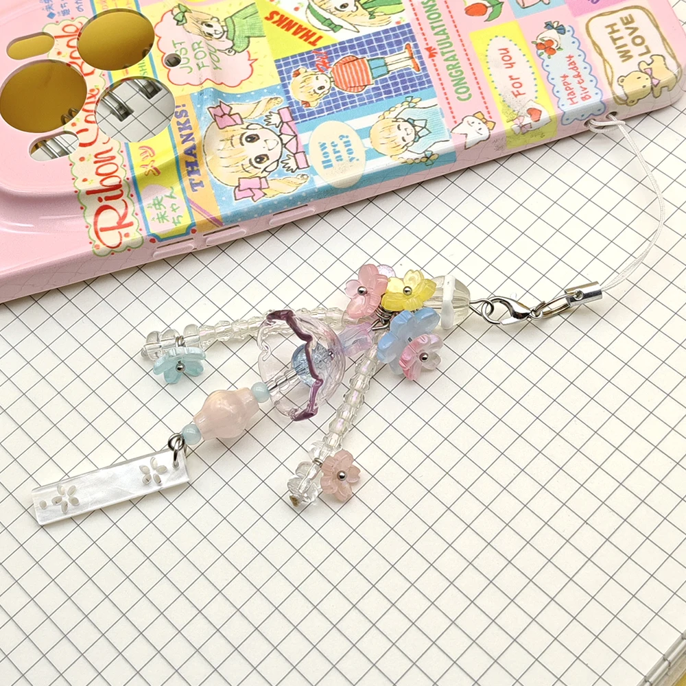 

Japanese Sakura Wind Chime Phone Charm Aesthetic Flower Beaded Strap Kawaii Crystal Pendant for Phone Case Bag Keychain Decor