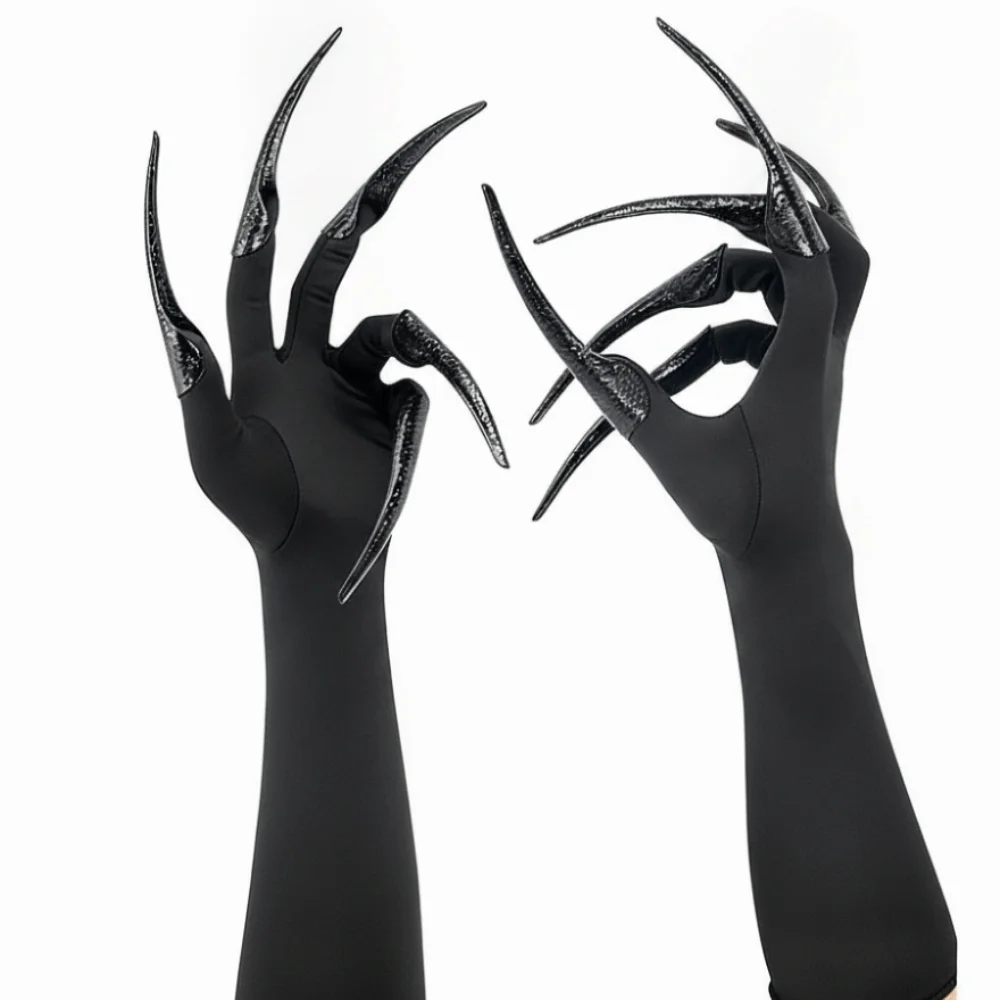 Gothic Long Nails Gloves Black Stretch Polyester Halloween Witch Gloves Black Elastic Detachable Claw Nails Gloves Haunted House