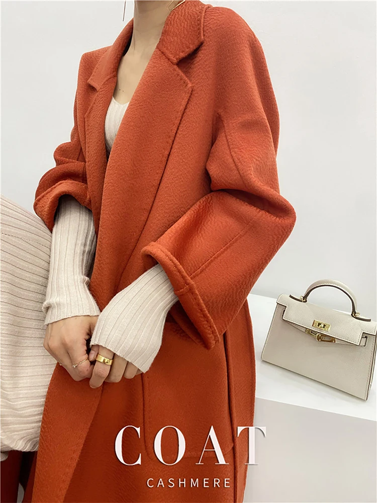 

2023 New Hand-sewed 20% Cashmere Wool Coat Women Long Fashion Loose Lace-up Turn-down Water Ripple Wool Female Clothing Autumn W