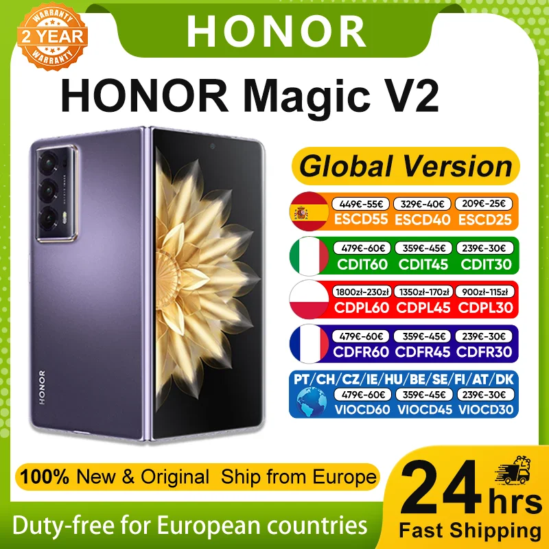 Smartphone pliable HONOR Magic V2 5G, version mondiale Android, Snapdragon 8 Gen2, �cran LTPO OLED 6,8'', 120 Hz, triple appareil photo 50 MP, t�l�phones mobiles Android, 16 Go + 512 Go