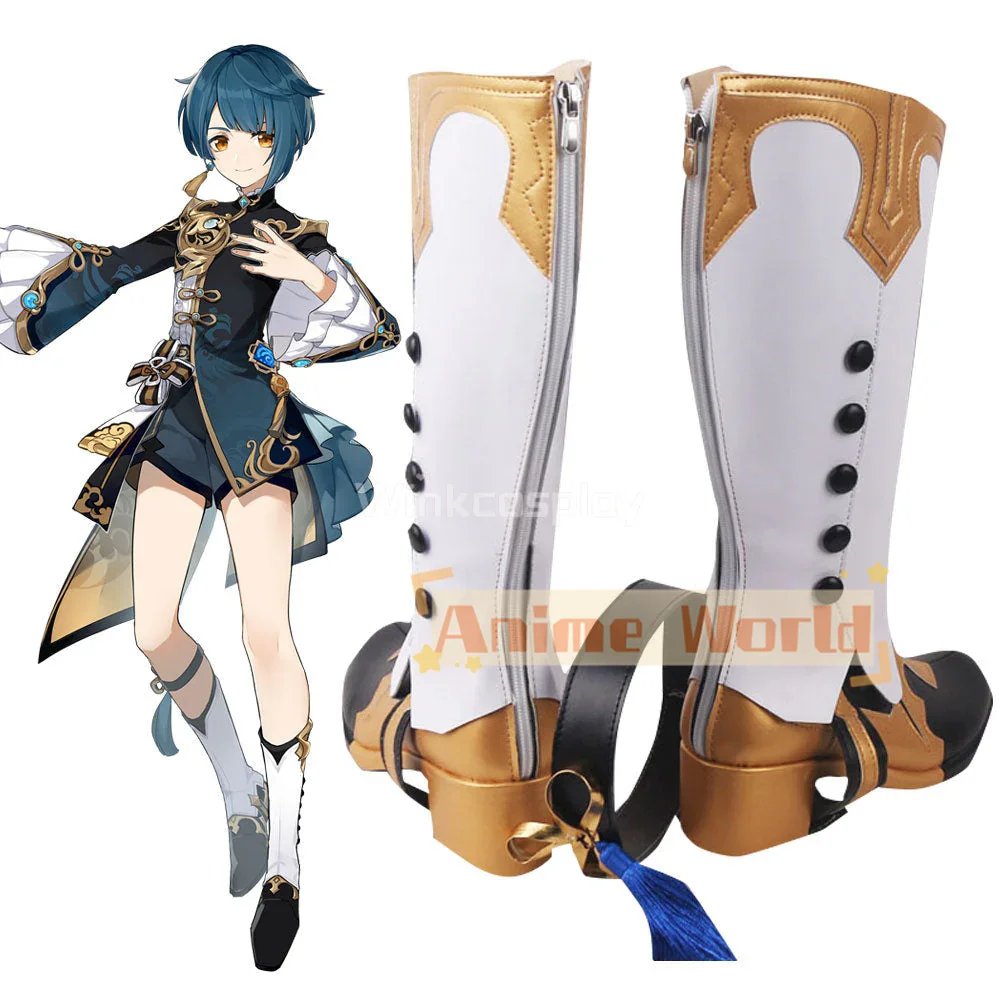 Genshin Impact Xingqiu scarpe bianche nere stivali Cosplay stivali di carnevale di Halloween su misura