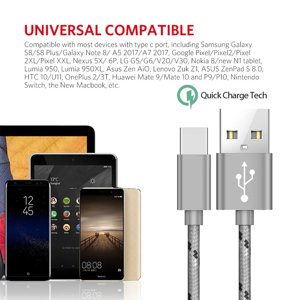 1m 2m 3m USB Type C Cable For Samsung S20 S10 Plus Xiaomi Fast Charging Wire Cord USB-C Charger Mobile Phone USBC Type-C Cable