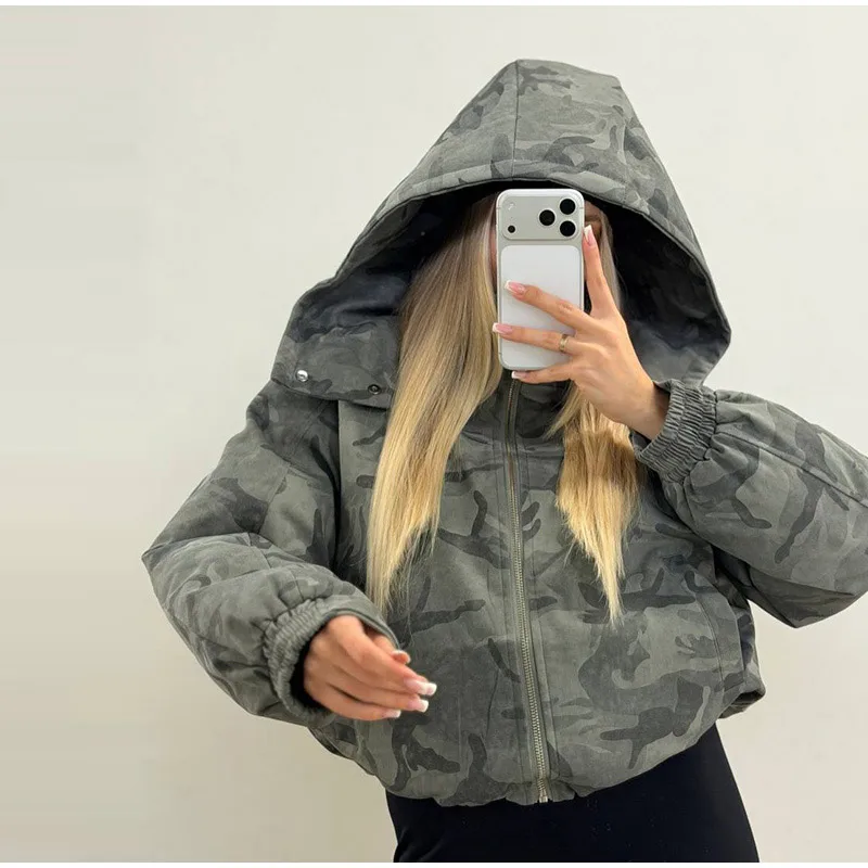 Camo Print Hooded Puffer Jacket Chic Zip Up Stand Collar Elastic Cuff Warm Cropped Coat 2026 Women Winter Commute Street Jackets