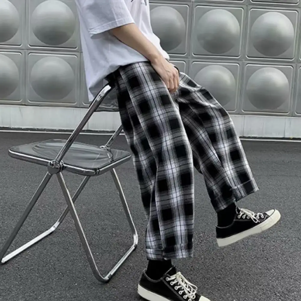 Men Pants Plaid Streetwear Wide Leg Elastic Waist Loose Sports Pants Trousers Checkered Patchwork Sports Pants