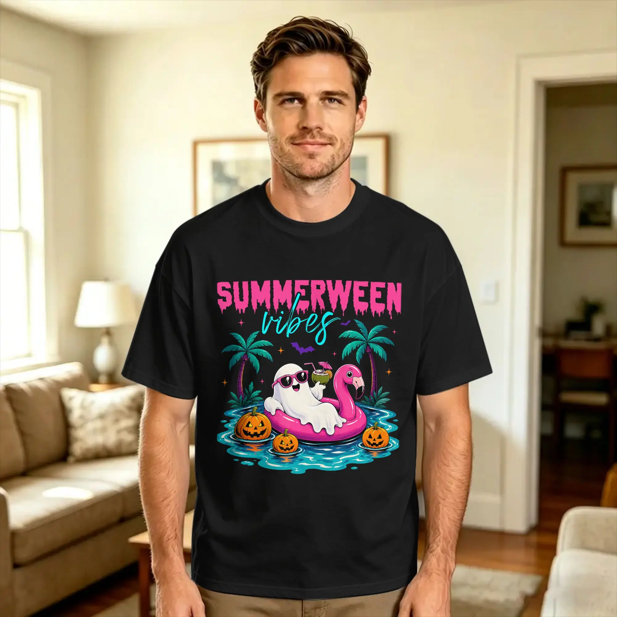 Camiseta Vintage de Verano con Estampado Divertido de Fantasmas, Flamencos y Playa para Halloween  Camisetas Originales de Algodón