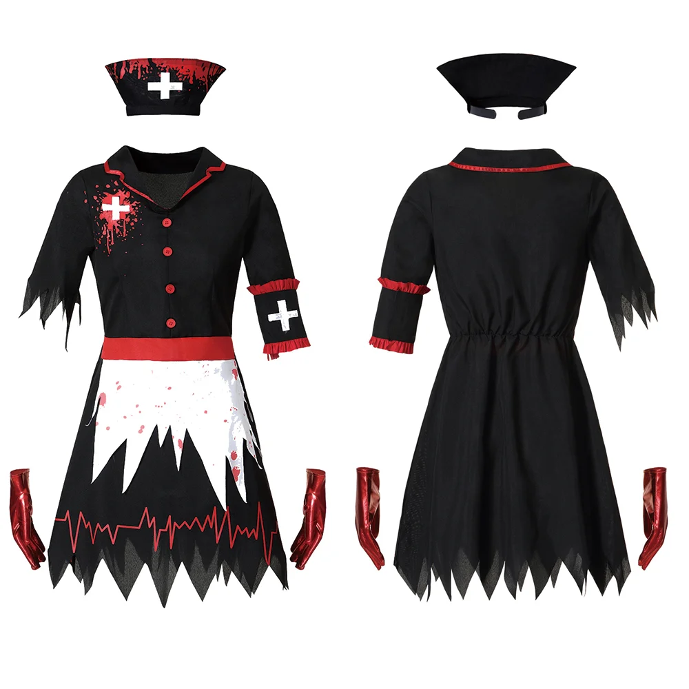 Uniforme Cosplay infermiera Zombie per le donne gonna bordo irregolare guanto copricapo Set Horror macchia di sangue infermiera vampiro vestito di Halloween