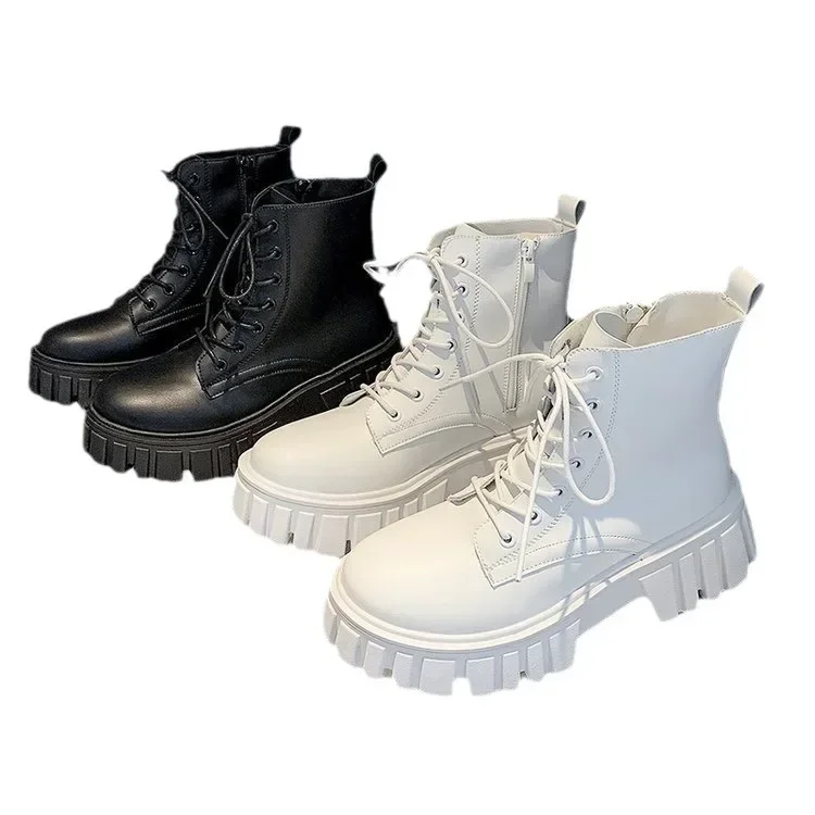 Chunky Platform White Ankle Boots Women Autumn Winter Pu Leather Combat Booties Mujer Punk Thick Bottom Motorcycle Boots