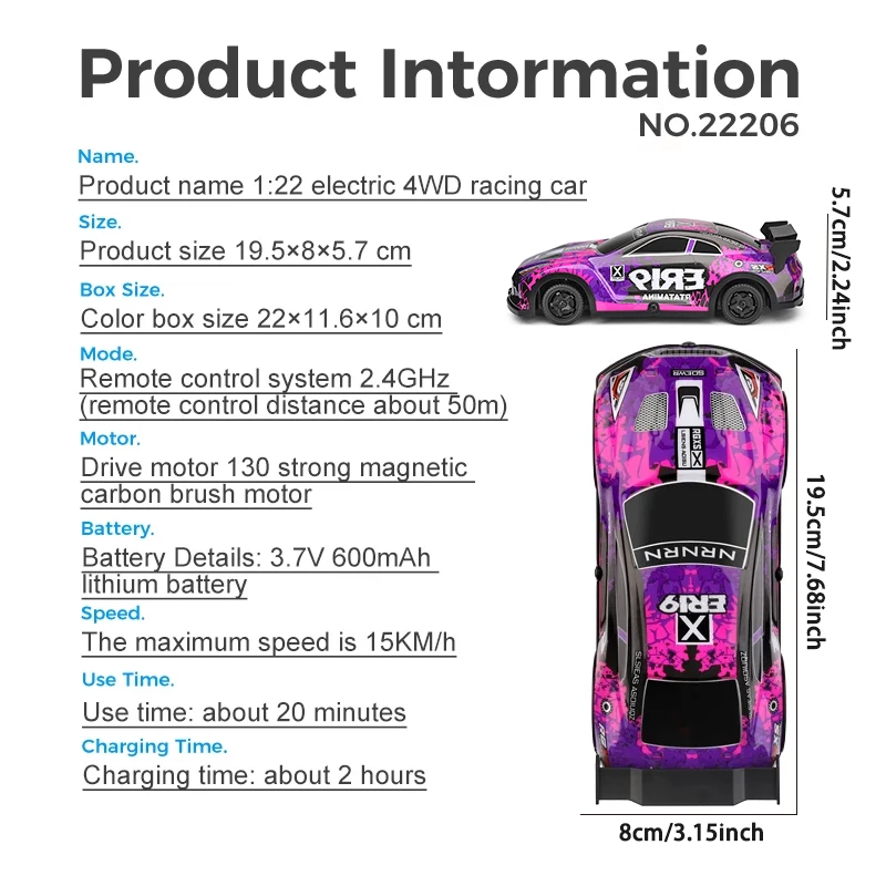 Wltoys 22206 1:22 RC Drift Car 4WD Austauschbare Reifen Rennwagen ﻿ Hochgeschwindigkeits-Geländewagen mit steuerbaren 2,4-GHz-LED-Leuchten