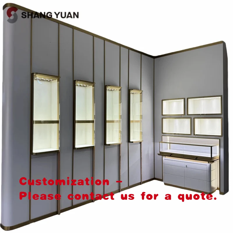 

custom.Luxury Gold Metal Wall Mounted Jewelry Display Showcase Cabinet LED Illumination Jewelry showcase Jewelry Showroom