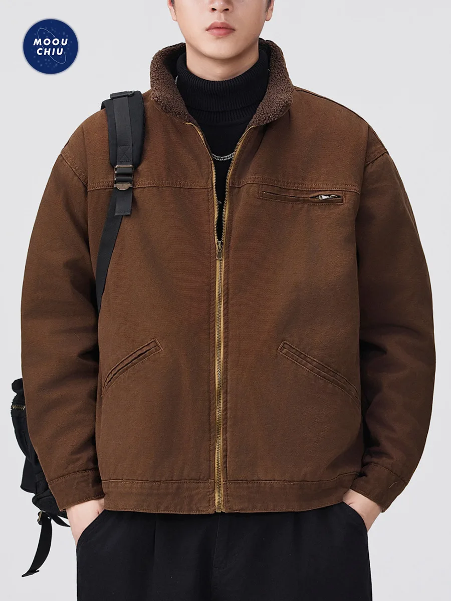 Men's Winter Warm Thickened Lambswool Retro Workwear Jacket Loose Washed Denim Style for Casual Outerwear