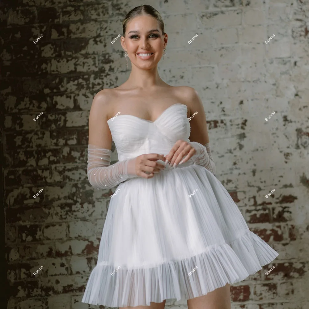 Booma Short A-Line Wedding Party Dresss Sweetheart Tulle Bridals Gowns for Women Pleat Pearls Ruched Cocktail Dresses