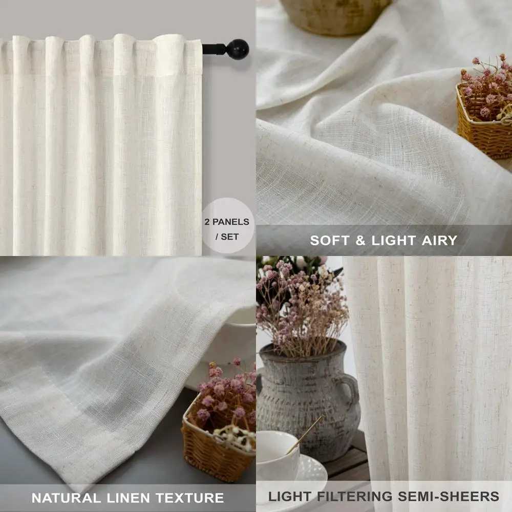 

Льняные прозрачные шторы 52x104 на заказ, современный стиль фермерского дома, задняя планка, карманные плиссированные, светофильтрация для больших окон, цвет слоновой кости C