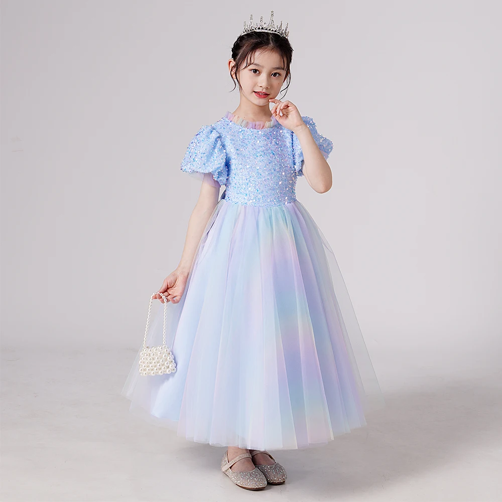 Girls Party Dresses For Weddings Summer Puff Sleeves Sequins Short-sleeved Palace Style Princess Dress For Children