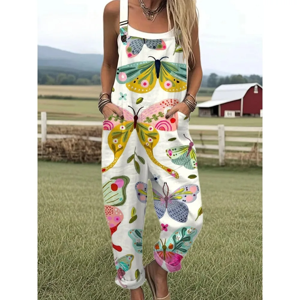 

Женский комбинезон с регулируемыми бретелями, комбинезон с бабочкой и цветочным принтом для фермы/повседневных прогулок, легкая дышащая уличная одежда