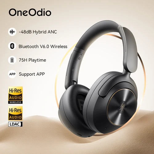 Oneodio Focus A6 -48dB ANC Auriculares inalámbricos Bluetooth 6,0 Auriculares supraaurales híbridos con cancelación activa de ruido y micrófono Aplicación de alta resolución