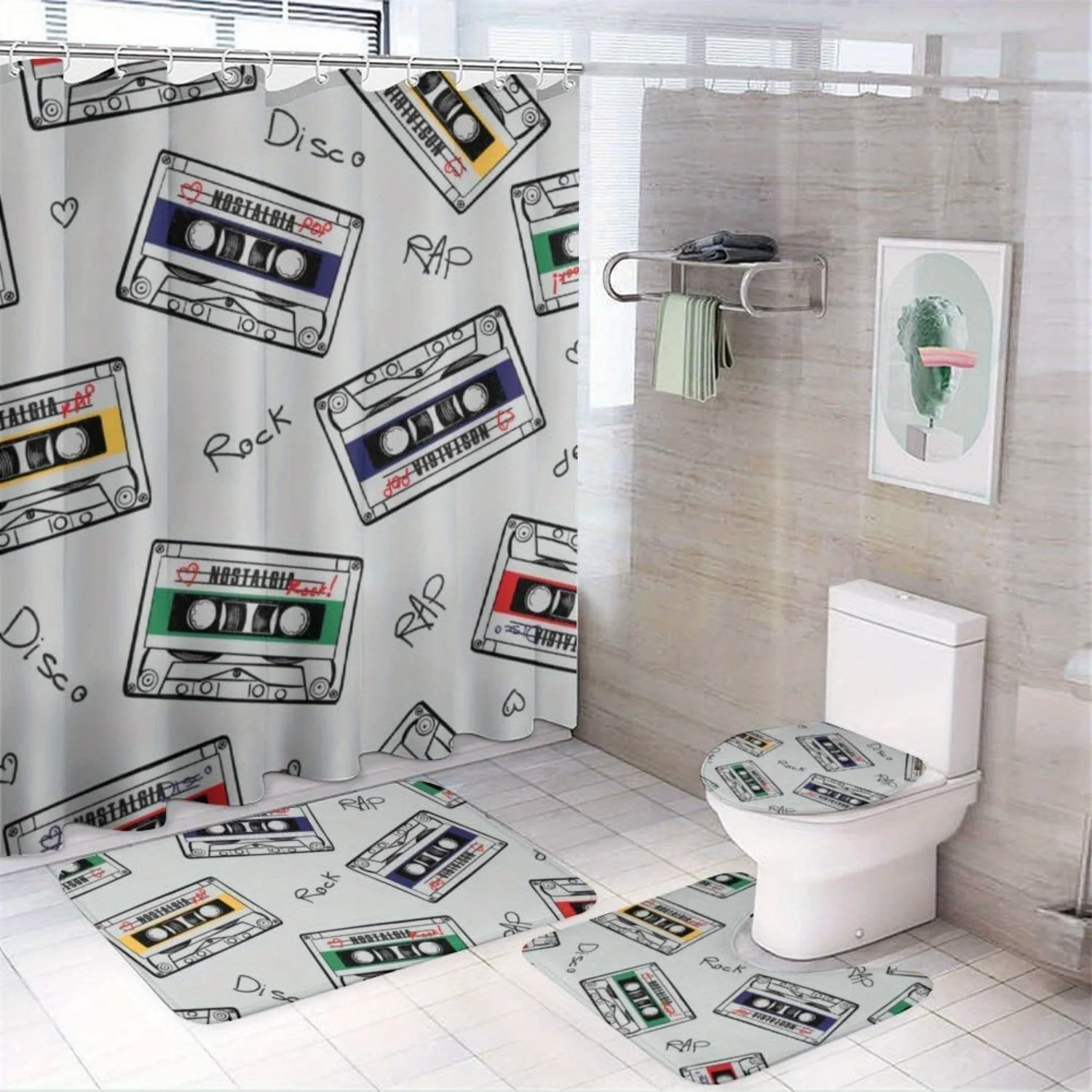 

Retro Cassette Tape Bathroom Set: Waterproof Shower Curtain, Soft Contour Rug, Stylish Toilet Lid Cover, Non-Slip Bathtub Mat