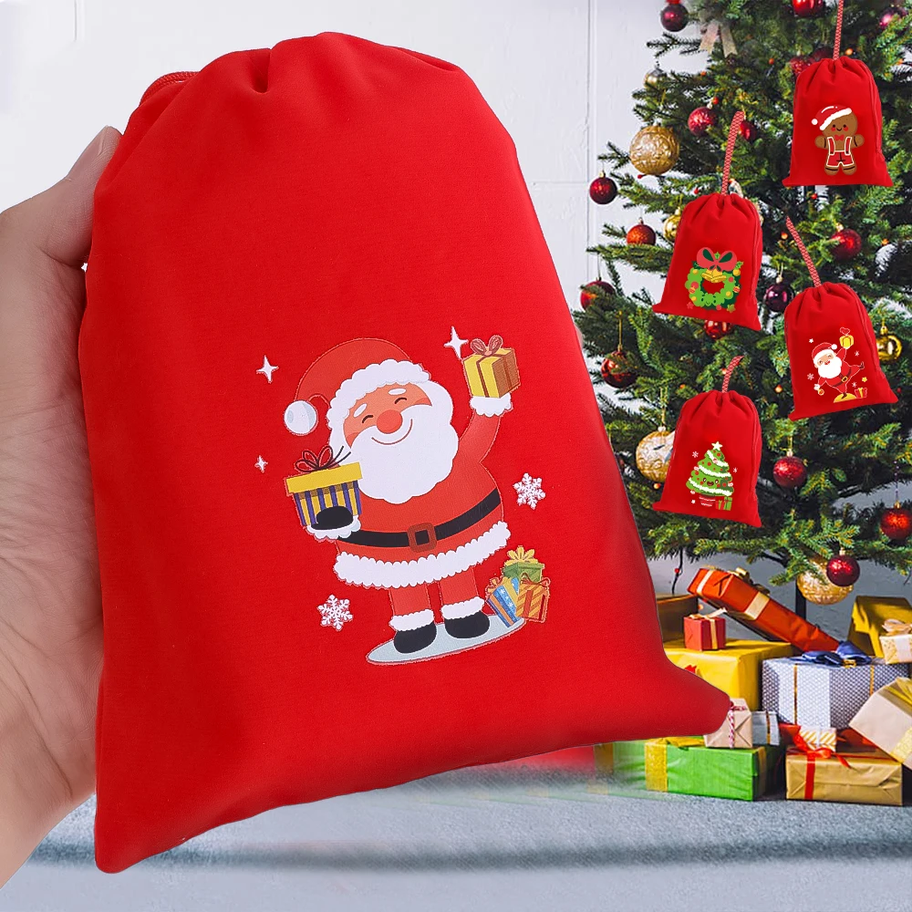 6/1Pcs Red Christmas Velvet Bags Drawstring Pouch Candy Snack Gifts Bag Jewelry Packaging Bags For Christmas New Year Decoration