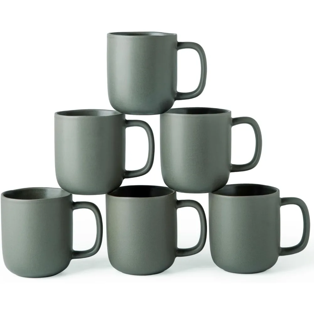 

6-Pk 14oz Ceramic Coffee Mugs, Large Handle, Wavy Rim, for Latte/Tea. Oven, Dishwasher, MW Safe.