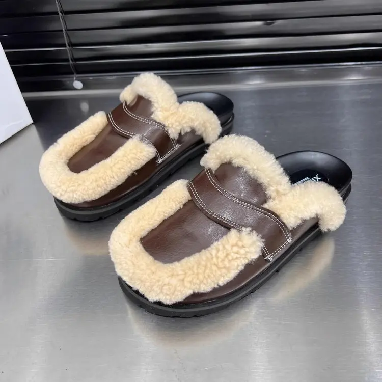 2025 Winter Casual Fashion Women\'s Shoes Lamb Velvet Thick-soled Baotou Slippers Women\'s Flat-soled Warm Mules Zapatos De Mujer