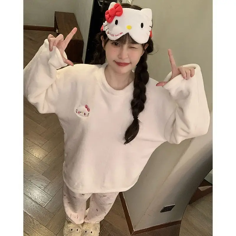 Kuchen Hellokitty Winter Flanell Mädchen Langarm Hosen Plus Samt Verdickt Bequeme Warme Pyjamas Set Lose Hause Kleidung