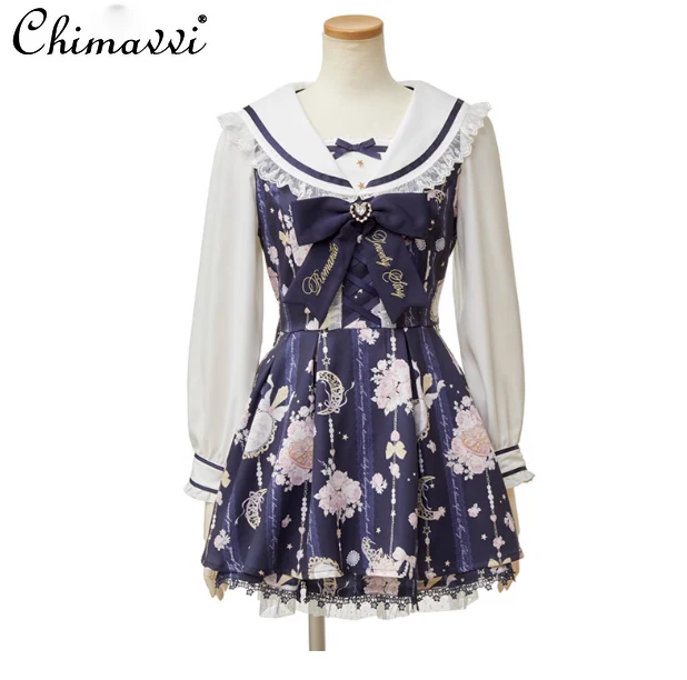 Japonês mina liz vestido define novo 2025 outono feminino gola de marinheiro bonito arco manga longa vestido impresso e shorts 2 peça terno