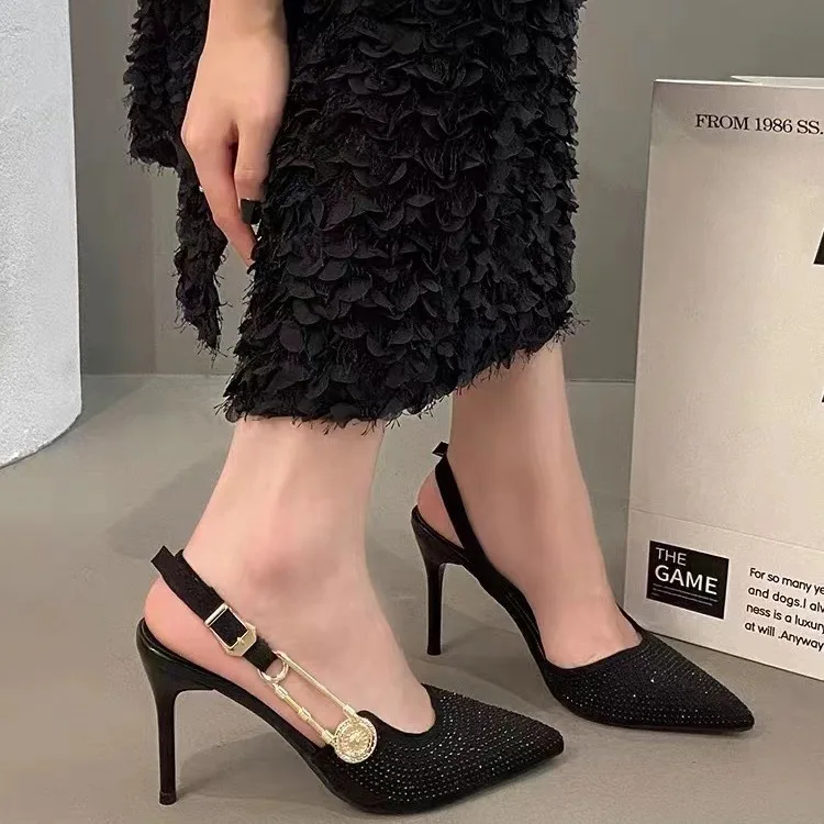 

Black Rhinestone High-Heeled Shoes for Women's New Style, Pointed Thin Heel, Metal Single Buckle, Socialite Party Toe Sandals
