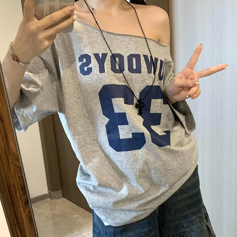 Nueva ropa Retro Spice Girl para mujer Y2k, camiseta con mangas oblicuas y hombros descubiertos, Top holgado de talla grande de estilo perezoso para mujer