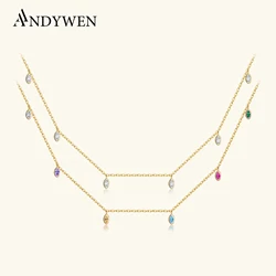 ANDYWEN 925 Sterling Silver Ovals Zircon Charm CZ Clear Charm Choker Necklace Long Chain Rainbow Luxury Women Wedding Jewelry