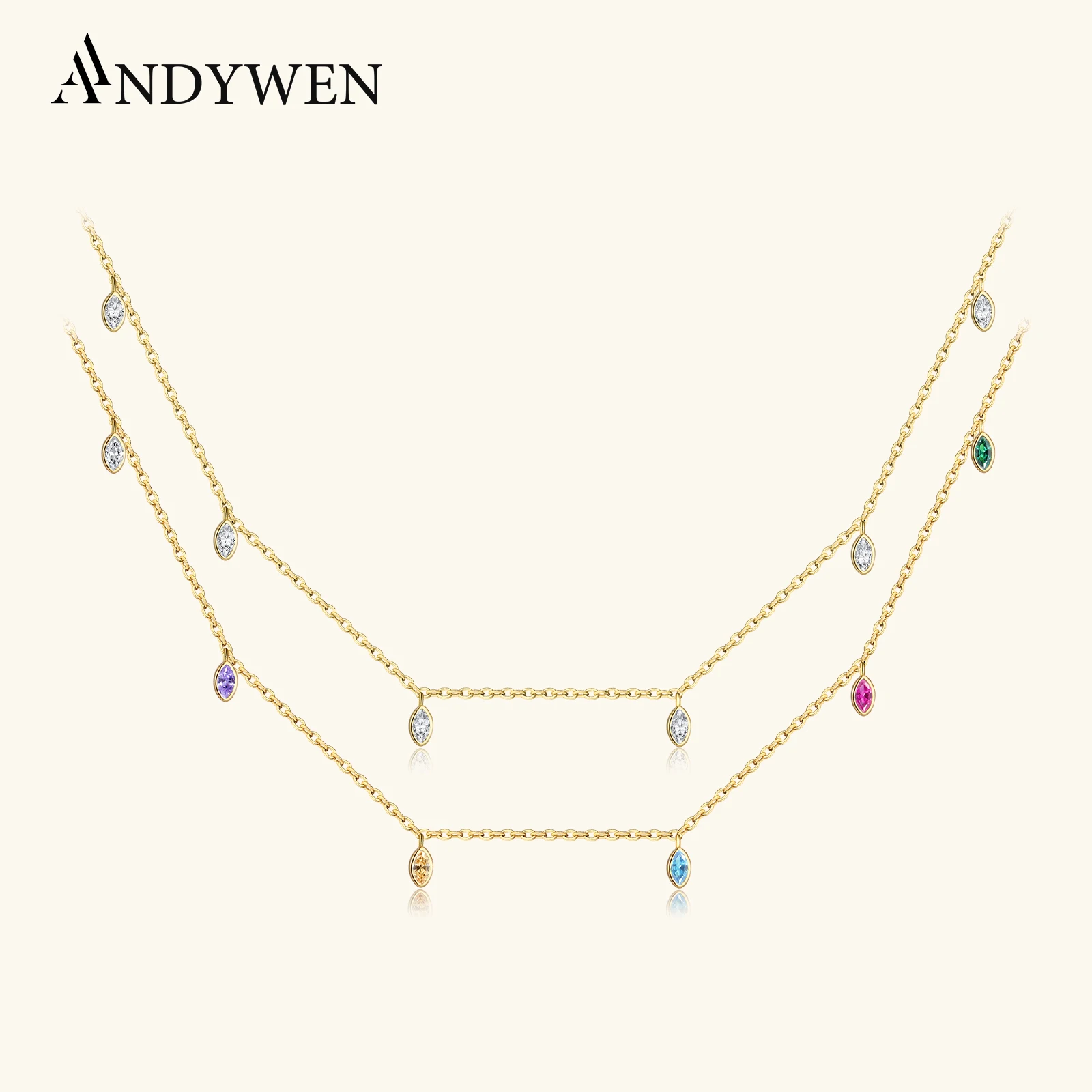 ANDYWEN Srebro Próby 925 Owalne Zawieszki z Cyrkoniami CZ Przezroczyste Zawieszki Naszyjnik Choker Długi Łańcuszek Tęczowa Luksusowa Biżuteria Ślubna Damska