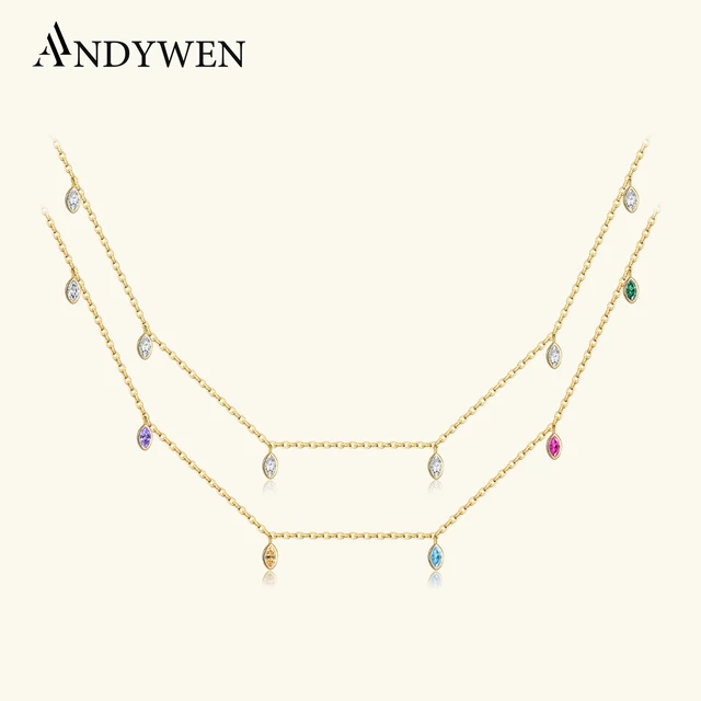 ANDYWEN Srebro Próby 925 Owalne Zawieszki z Cyrkoniami CZ Przezroczyste Zawieszki Naszyjnik Choker Długi Łańcuszek Tęczowa Luksusowa Biżuteria Ślubna Damska
