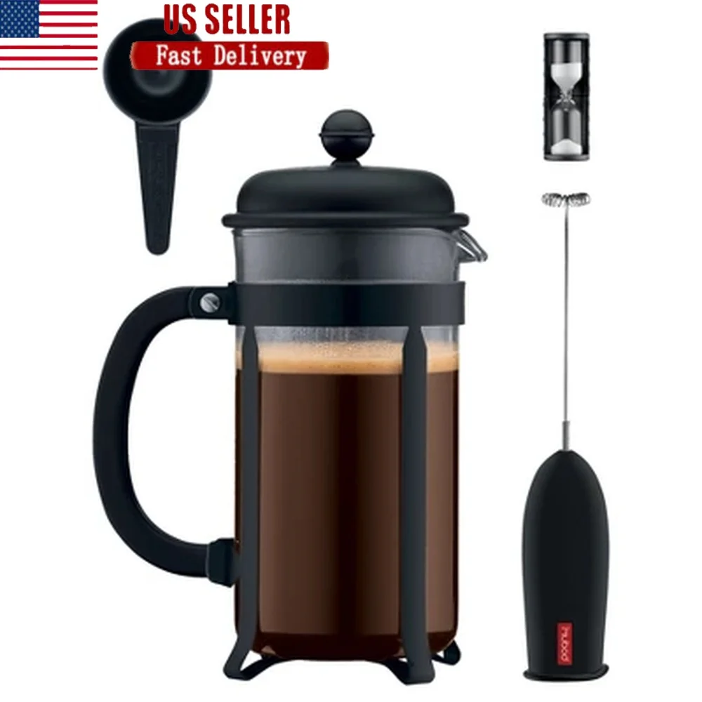 

Набор кофеварки Java French Press, 8-чашкольный ручной пивоварник с аккумуляторным вспенивателем, мерной ложкой и таймером песка, идеальный кофе