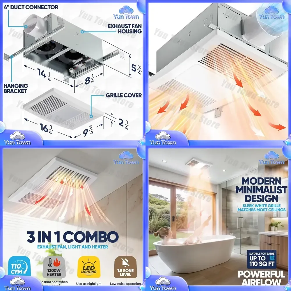 for Bathroom Exhaust Fan with Heater and LED Light 1300W 110 CFM 15 Sone Quiet Metal Ceiling Vent Fan 4 inch Duct Home Hotel