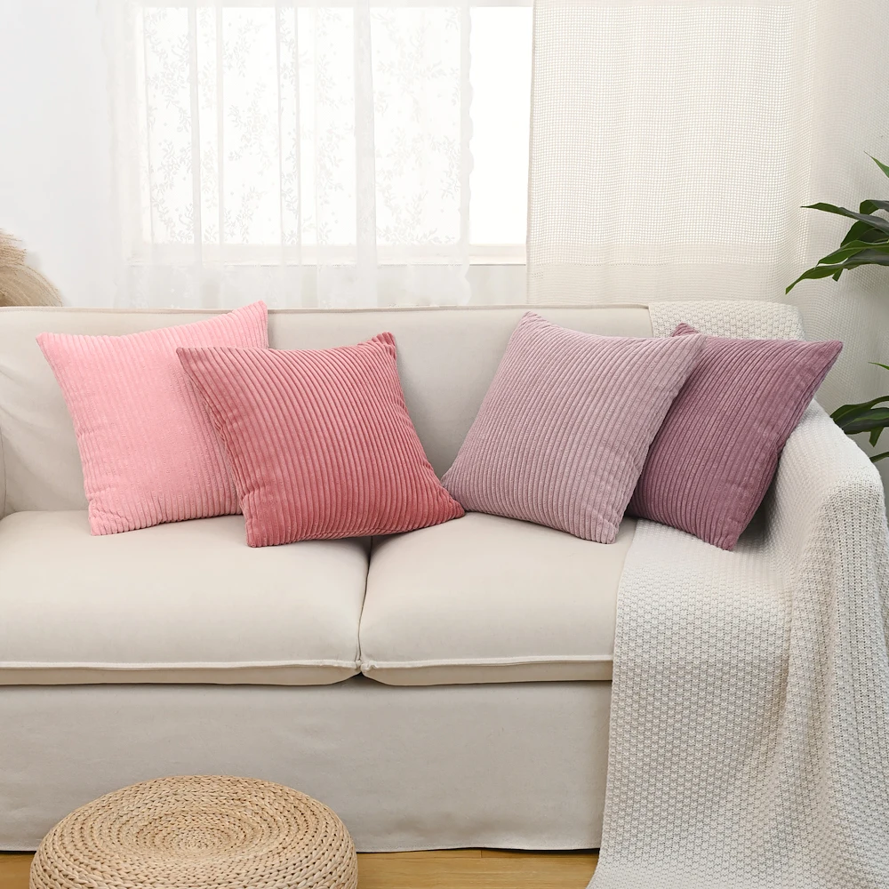 BUYNOW 1PC 4 Teile/satz Rosa Cord Dekor Couch Wurf Kissenbezüge Gestreifte Kissenbezüge Weiche Boho Quadratische Kissenbezüge Hause Sofa – Detail 4