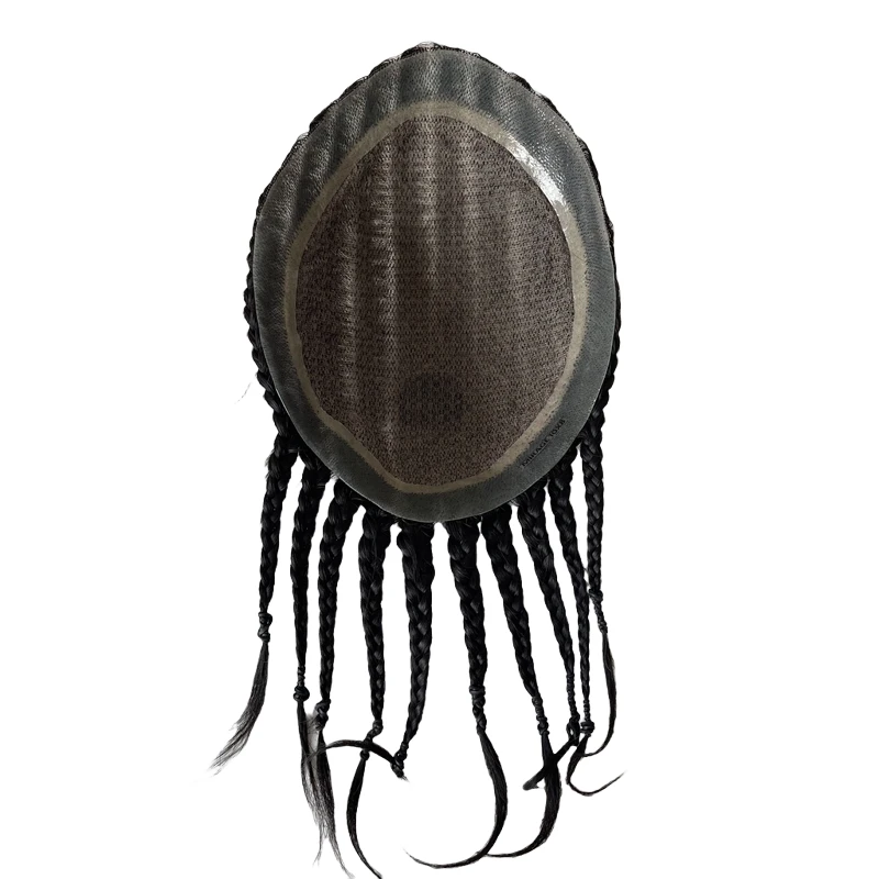 أنظمة الشعر البشري الهندي العذراء # 1B أسود اللون كورنو الضفائر الحرير قاعدة الشعر المستعار 8x10 وحدة الحرير للرجال