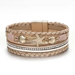 ZG Multi Layer Handwoven Leather Bracelet Starfish Shell Bangle For Women Magnetic Buckle Design Jewelry