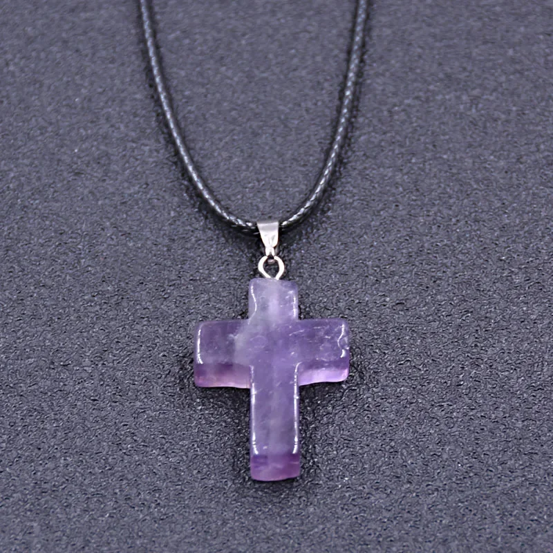 Tiny Natural Stone Turquoise Agate Amethyst Cross Pendant Necklace With Stones Women Leahter Chain Choker Christ Jewelry Gift