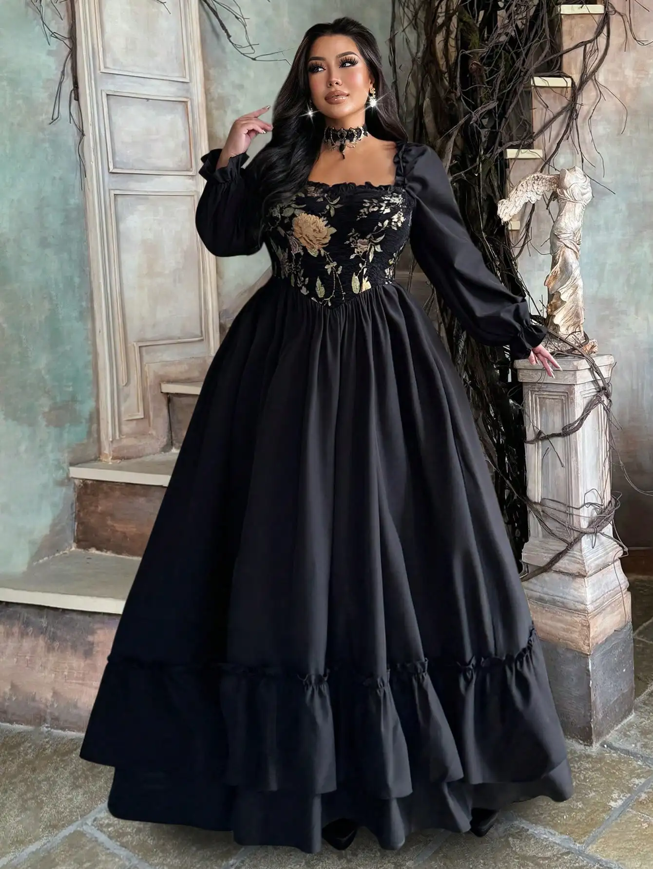 

Plus Size Vintage-Inspired Black Jacquard A-Line Gown with Floral Embroidery and Ruffle Hem