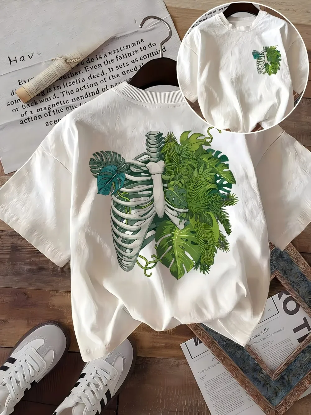 Dunkles Botanisches Skelett Grafik T-Shirt Damen Tropischer Monstera-Print Tee Sommer Lässiges Retro Ästhetisches Harajuku Streetwear Top