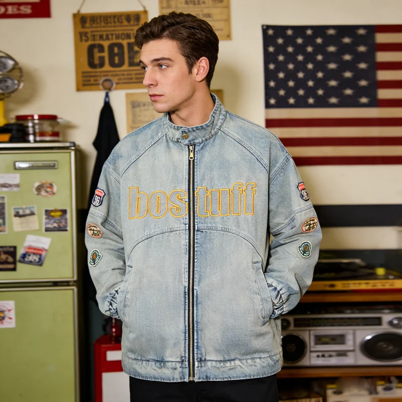 Spring Men's Vintage Washed Denim Jackets Retro Embroidered Patches Biker Coats Men Stand Collar Streetwear Zip Up Jean Coats