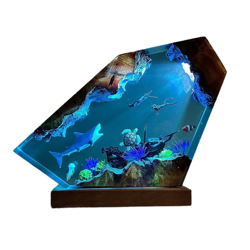 

Great White Shark and Turtle Couple Diver Resin Wood Light Christmas Gift Birthday Gift Creative Night Light