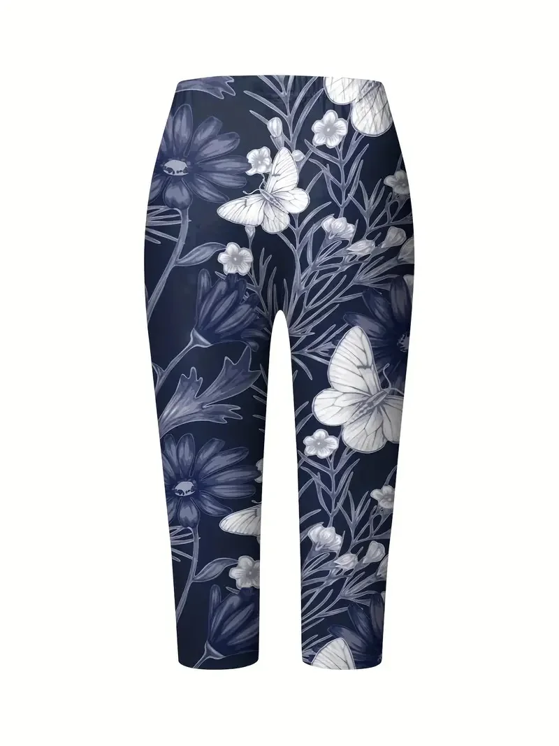 Floral butterfly print stretch slim elastic waist tight casual leggings capri pants for women