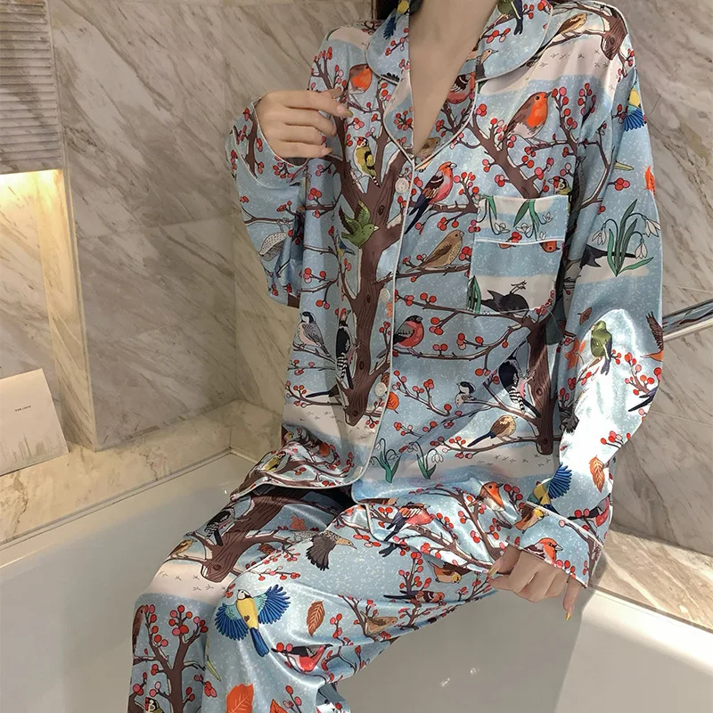 Women\'s Pajamas Sets Spring Autumn 2 Piece Print Forest Pyjama Faux Silk Satin Sleepwear Long Sleeve Pijama Mujer Pjs Homewear