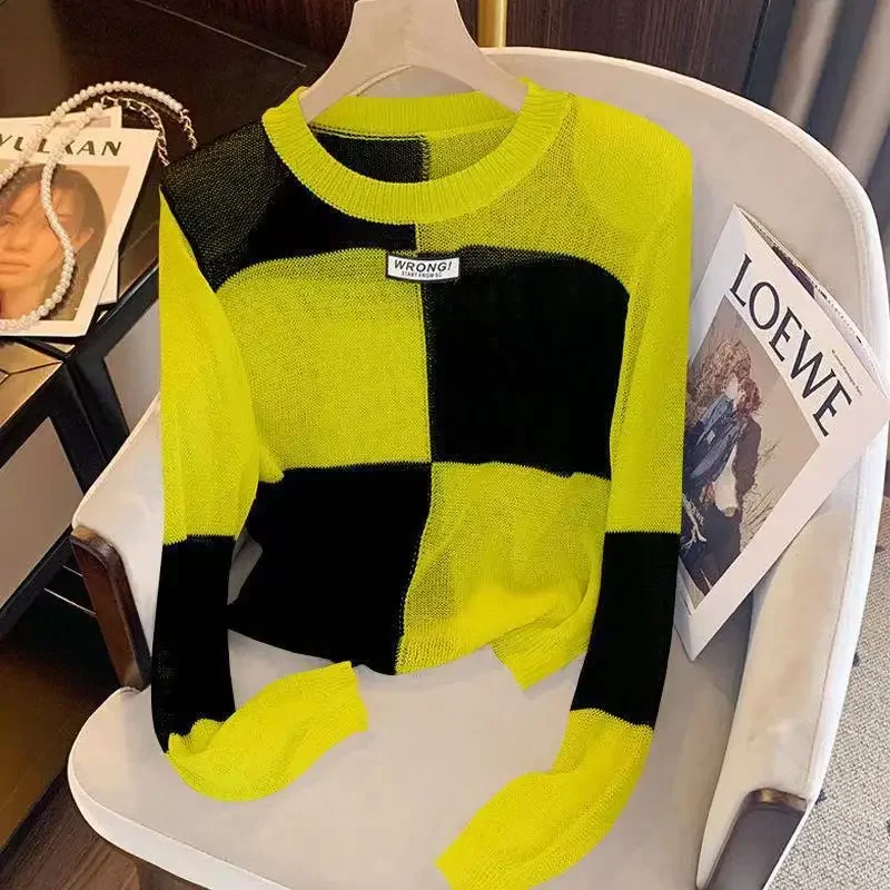 Color Blocking Knitted Top Women's Spring Autumn New Style Hollow Out Niche Long Sleeve Base Layer Top Unique Winter