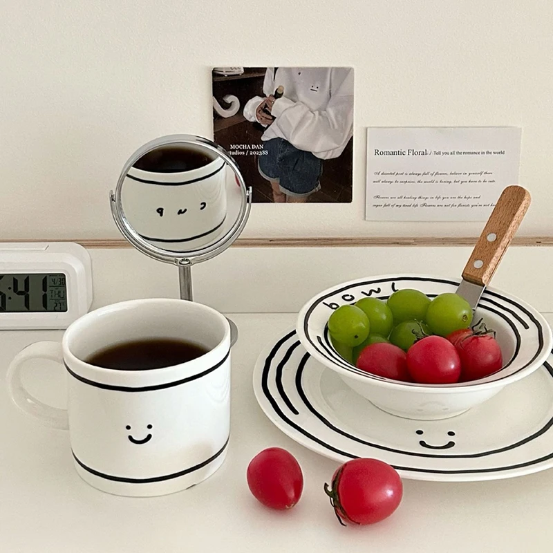 Small Niche Design High Aesthetic Value Smiling Face Ceramic Tableware Household Rice Bowl High End Feeling Dining Plate Cup New