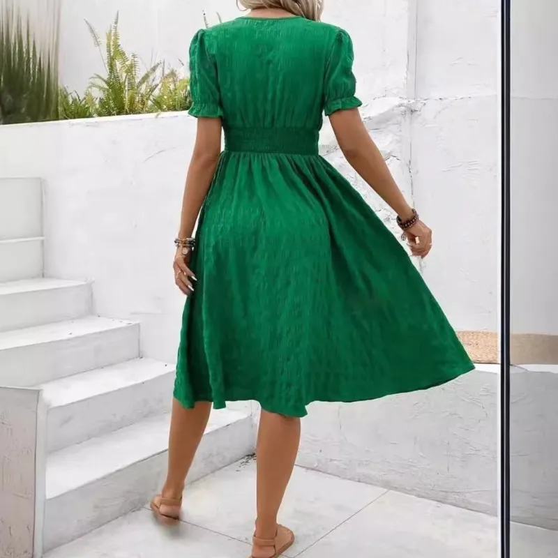 New Solid Color Dress 2025 Women's Summer Temperament Commuting V-neck Button Short Sleeved Green Dress A-line Skirt For Women 