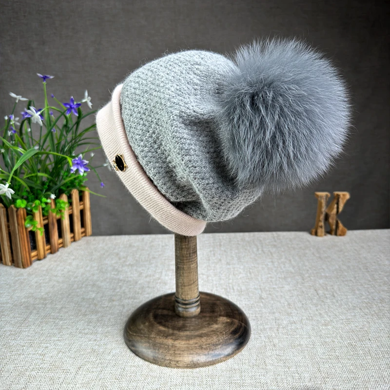 High quality wool fur pompom hats Winter Hat Cap women girl Fashion Warm Plus velvet tracel  Ski Hat winter beanies outdoor Hat