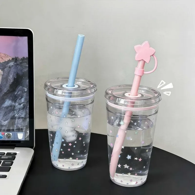 

Cute Star Water Bottle 450ml Kawaii Straw Cup Reusable Drinking Plastic Tumbler for Iced Coffee Matcha Juice Cold Drinks Gift Fo