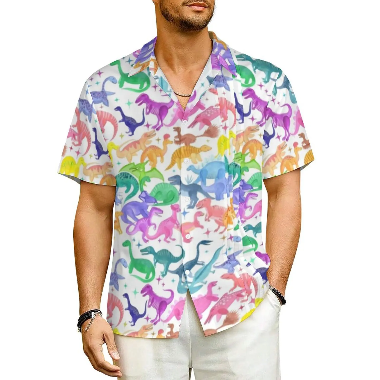 

Roarsome Rainbow Dinosaurs Beach Shirt Animal Print Hawaiian Casual Shirts Men Novelty Blouses Short Sleeve Harajuku Graphic Top